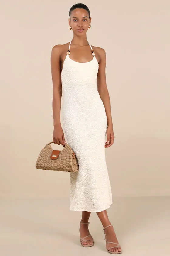 Meike Cream Textured Knit Beaded Halter Midi Dress sold by Lulus product image thumbnail 2