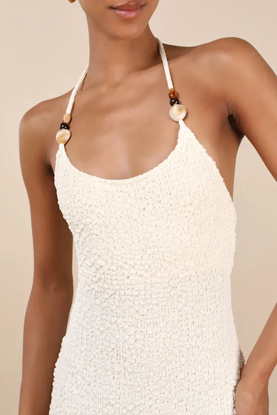 Meike Cream Textured Knit Beaded Halter Midi Dress sold by Lulus product image thumbnail 4