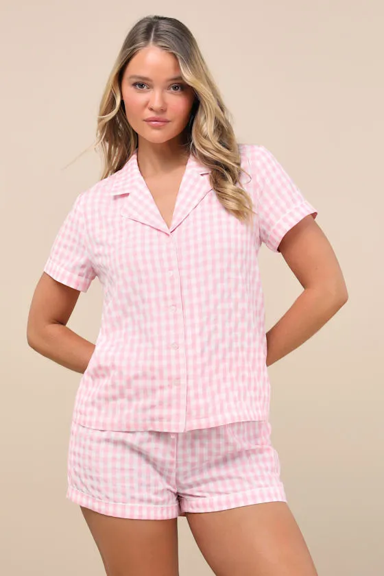 Joannie Pink and White Gingham Two-Piece Pajama Set sold by Lulus