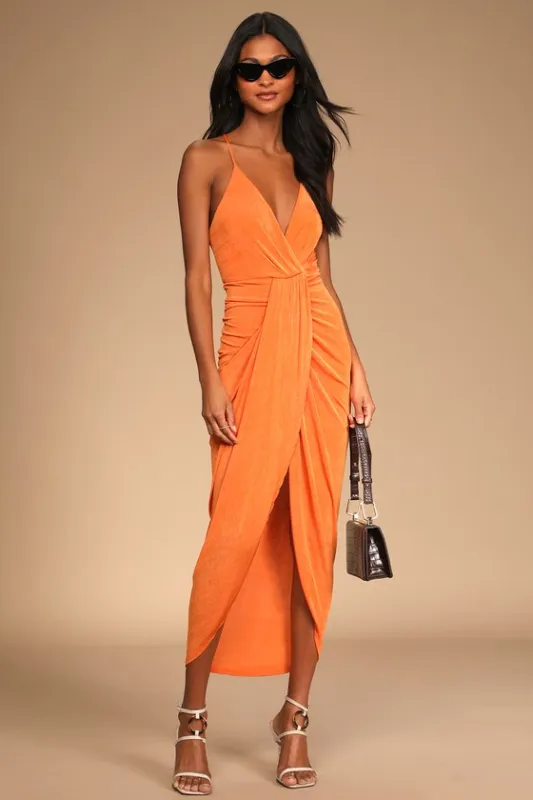 Dreamy Date Orange Surplice Midi Dress sold by Lulus