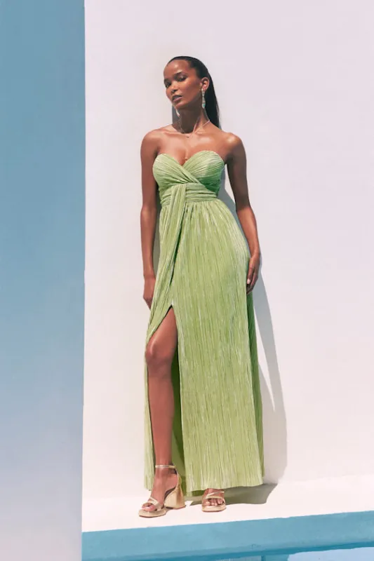 Oswin Lime Green Satin Plisse Strapless Maxi Dress sold by Lulus