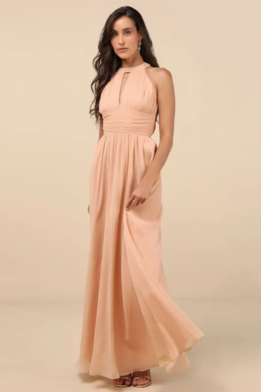 Sintra Peach Pleated Backless Maxi Dress sold by Lulus
