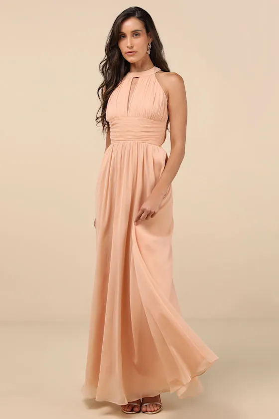 Sintra Peach Pleated Backless Maxi Dress sold by Lulus