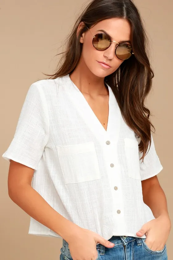 Lift My Spirits White Button-Up Crop Top sold by Lulus