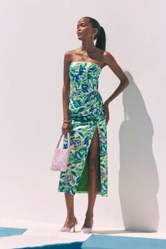 Deasia Green and Blue Floral Bustier Midi Dress sold by Lulus