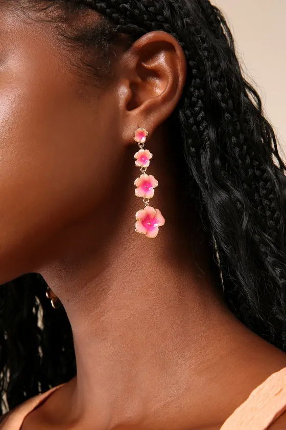 Blossoming Glow Pink and Gold Flower Drop Earrings sold by Lulus
