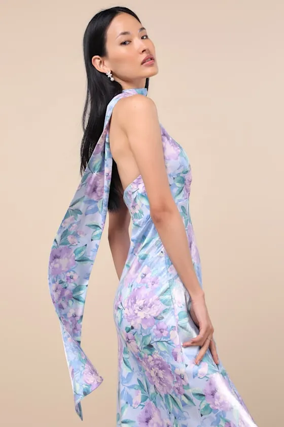 Malani Light Blue Floral Satin Sash Midi Dress sold by Lulus
