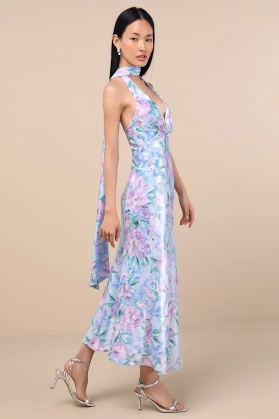 Malani Light Blue Floral Satin Sash Midi Dress sold by Lulus product image thumbnail 4