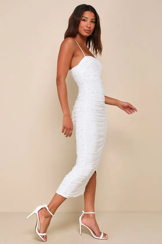 Toast to Romance White Ruched Pearl Bodycon Midi Dress sold by Lulus product image thumbnail 2