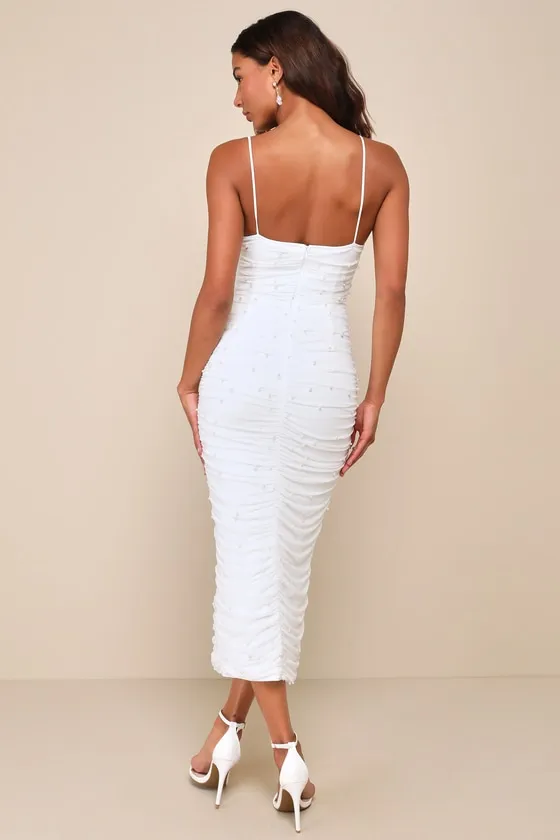 Toast to Romance White Ruched Pearl Bodycon Midi Dress sold by Lulus product image thumbnail 3