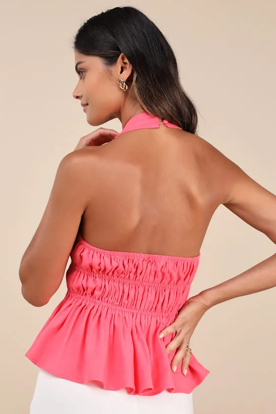 Adelita Coral Pink Tie-Front Halter Peplum Top sold by Lulus product image thumbnail 2