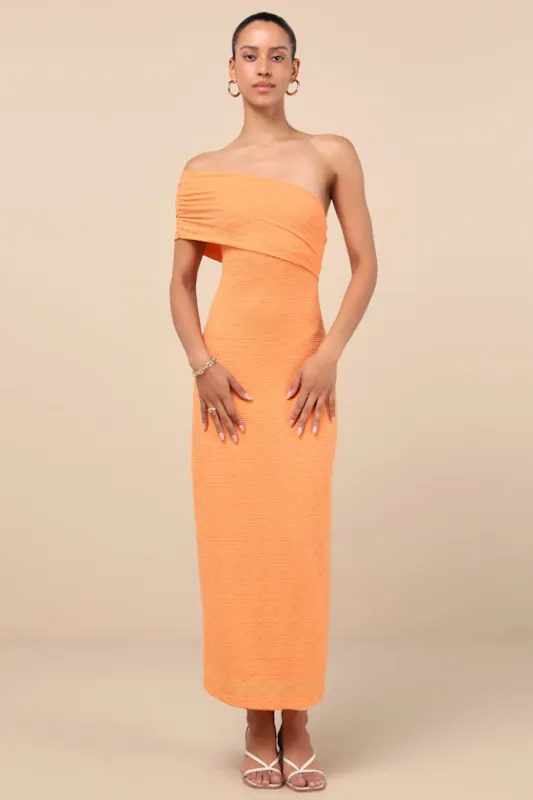 Domicia Light Orange Ribbed One-Shoulder Maxi Dress sold by Lulus