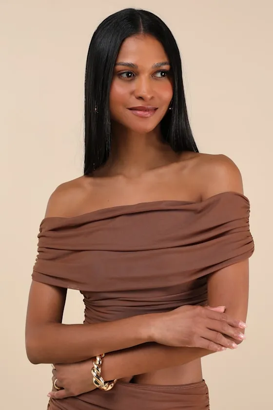 Cadie Brown Mesh Off-the-Shoulder Top sold by Lulus