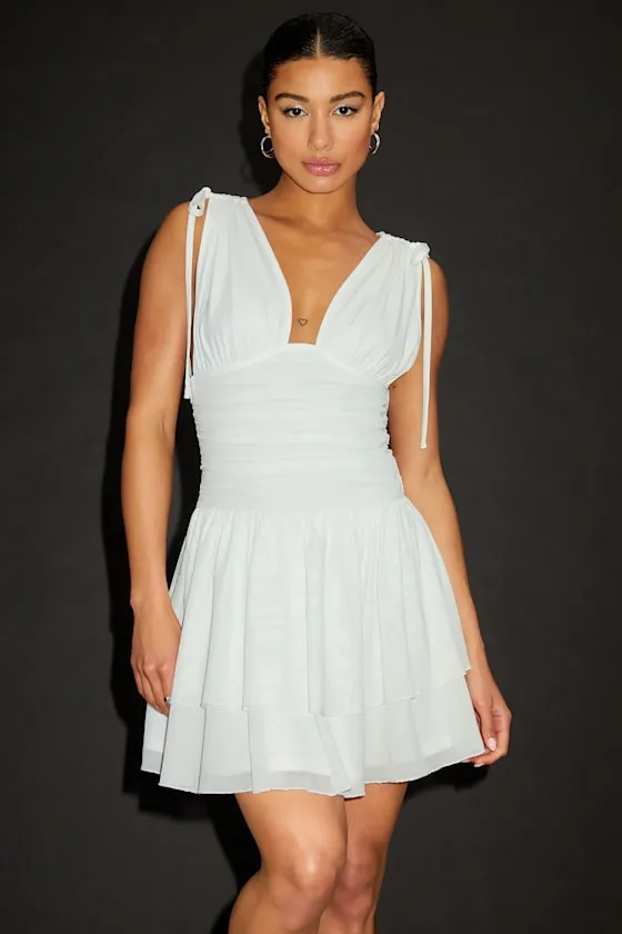 Luisella White Mesh Ruched Tiered Mini Dress sold by Lulus product image thumbnail 2