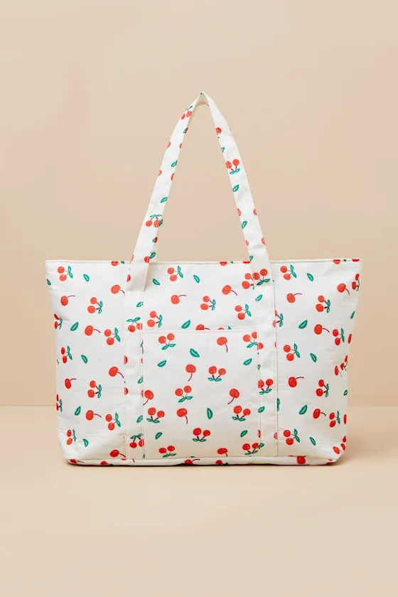 Amarena White Cherry Print Tote Bag sold by Lulus
