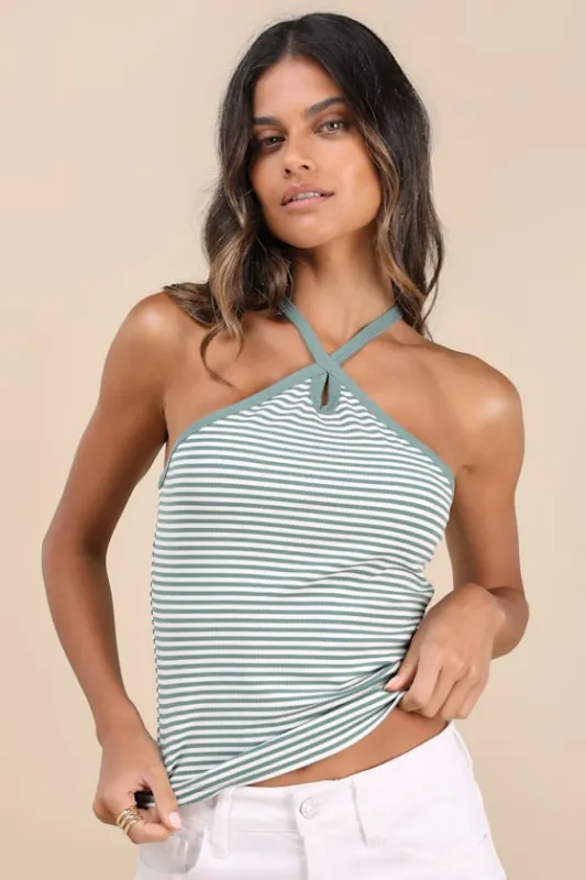 Delightful Pose Sage Striped Ribbed Knit Keyhole Halter Top sold by Lulus