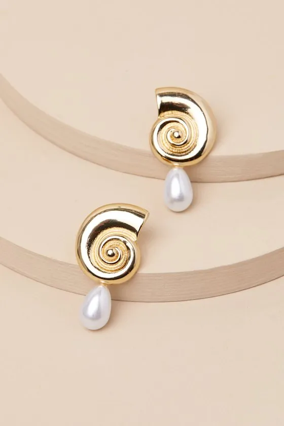 Cerith Gold Shell Pearl Earrings sold by Lulus