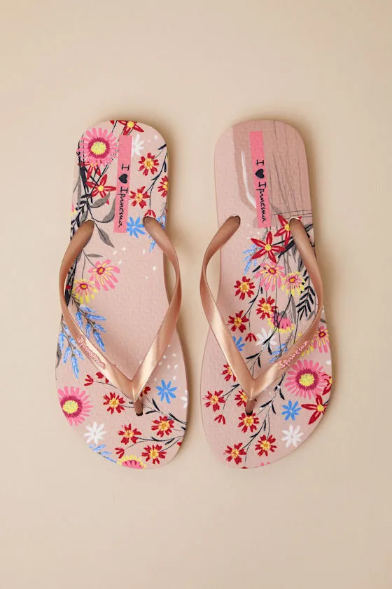 Verao Tropical Beige and Gold Floral Flip Flops sold by Lulus