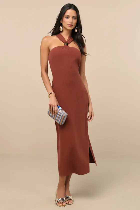 Calessia Rust Brown Linen Halter Neck Midi Dress sold by Lulus