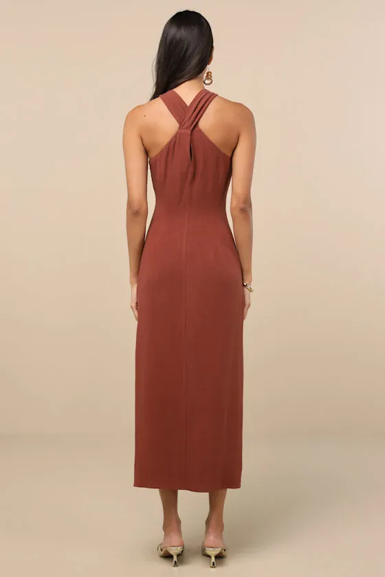 Calessia Rust Brown Linen Halter Neck Midi Dress sold by Lulus product image thumbnail 3