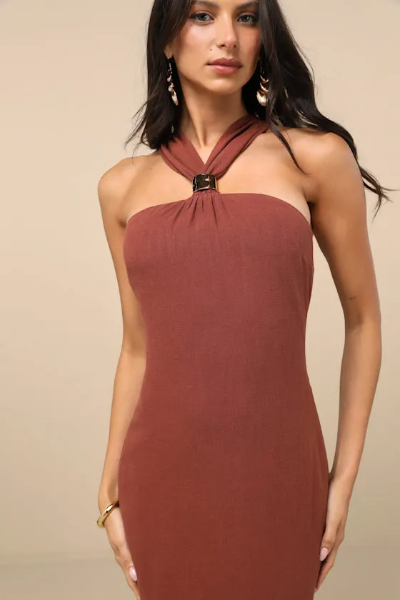 Calessia Rust Brown Linen Halter Neck Midi Dress sold by Lulus product image thumbnail 4
