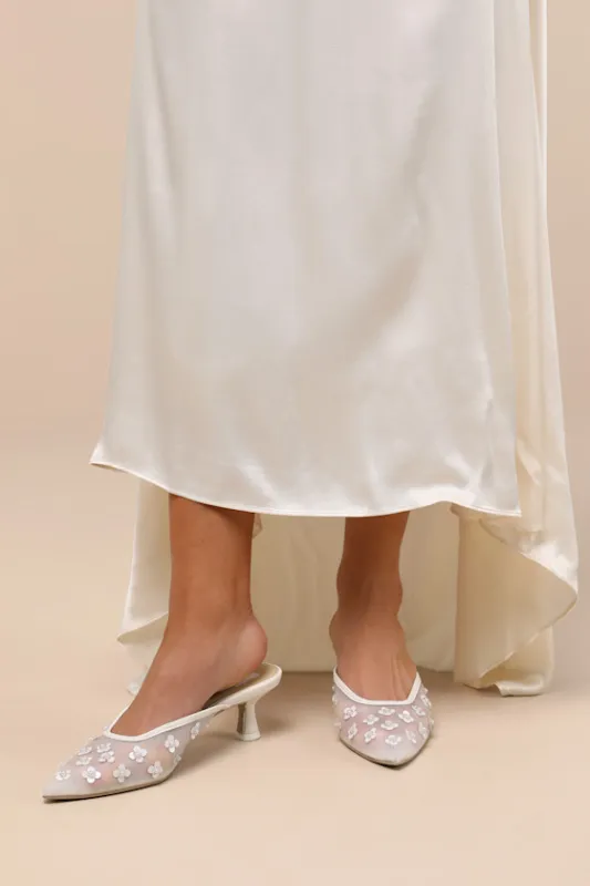 Clara Pearl True White Daisy Mesh Kitten Heel Mule Pumps sold by Lulus