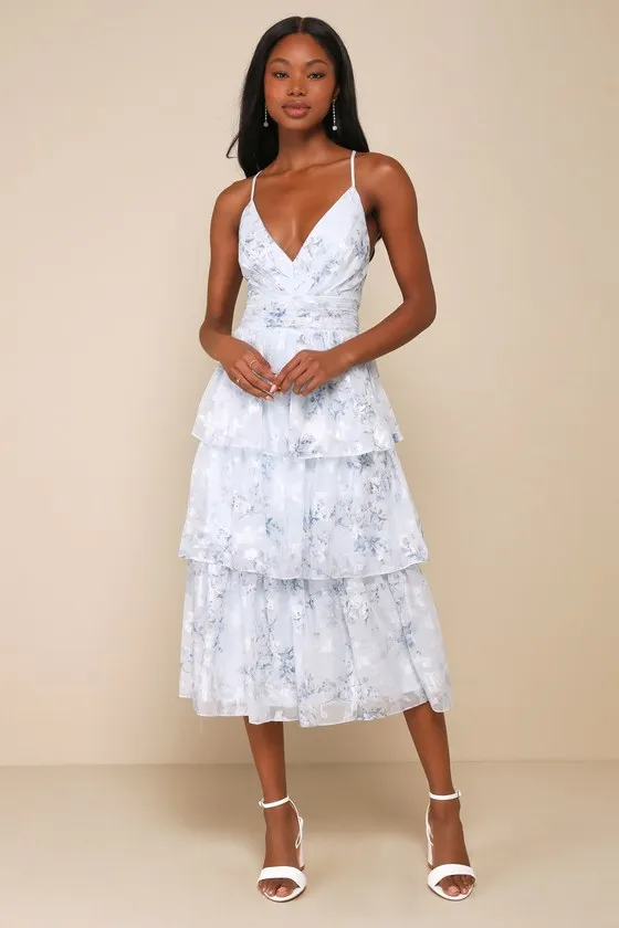 Deeply Delightful Light Blue Floral Tiered Lace-Up Midi Dress sold by Lulus