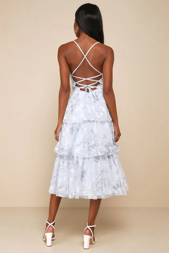 Deeply Delightful Light Blue Floral Tiered Lace-Up Midi Dress sold by Lulus product image thumbnail 2
