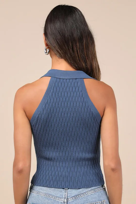 Eliseo Dark Slate Blue Knit Collared Tank Top sold by Lulus product image thumbnail 2