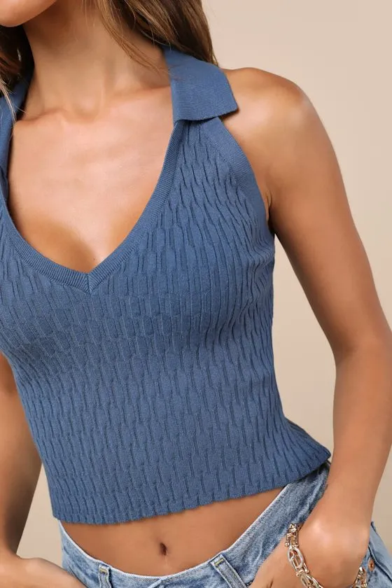 Eliseo Dark Slate Blue Knit Collared Tank Top sold by Lulus product image thumbnail 4