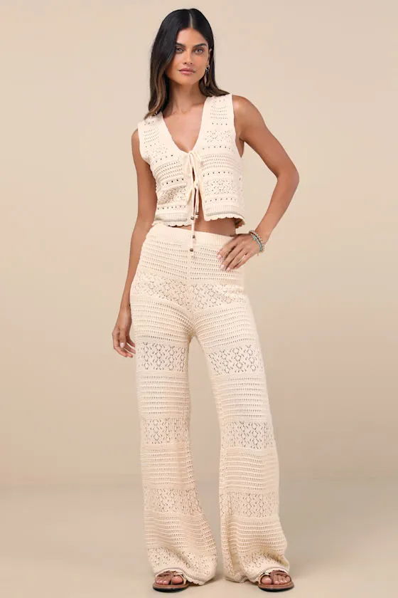 Desta Beige Crochet Knit Wide-Leg Pants sold by Lulus product image thumbnail 2