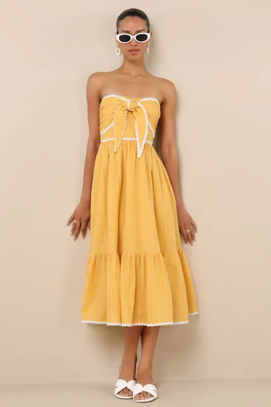 Delightful Design Yellow Polka Dot Midi Dress With Pockets sold by Lulus