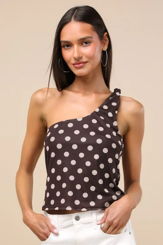 Saskia Chocolate Brown Polka Dot Mesh One-Shoulder Top sold by Lulus