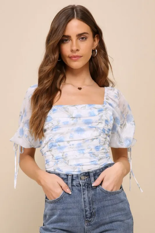 Sweet Choice Ivory Floral Burnout Ruched Puff Sleeve Bodysuit sold by Lulus