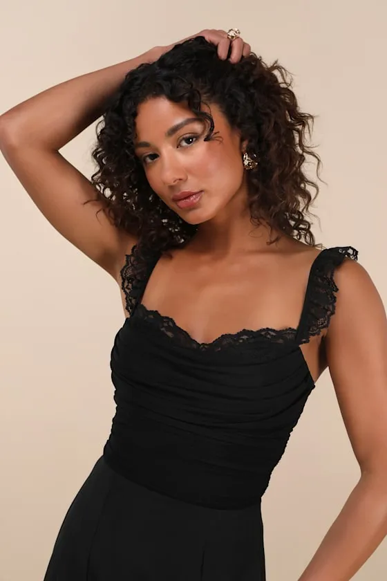 Norina Black Mesh Ruched Ruched Lace Bodysuit sold by Lulus