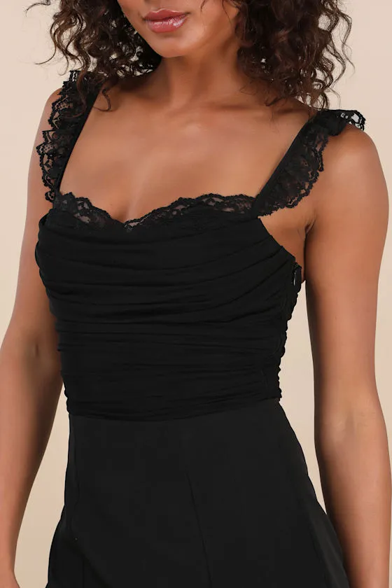 Norina Black Mesh Ruched Ruched Lace Bodysuit sold by Lulus product image thumbnail 4