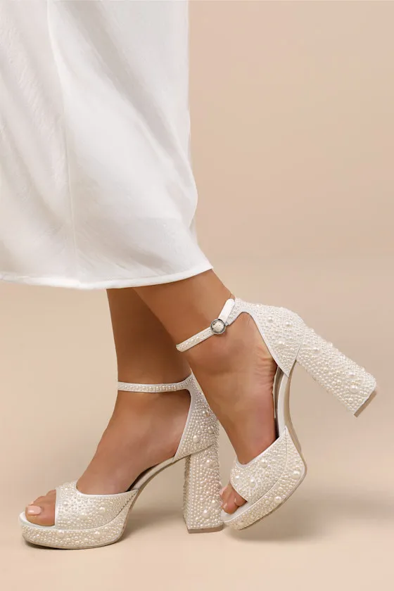 Pandro Pearl True White Satin Platform High Heel Sandals sold by Lulus