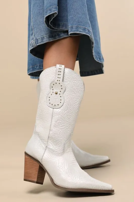 Rhythm 'N' Blues White Leather Embossed Mid-Calf Western Boots sold by Lulus