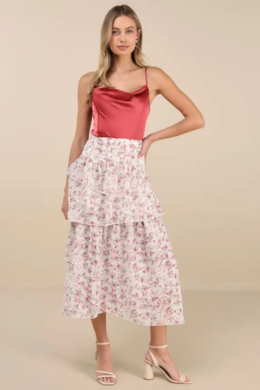 Rosen White Multi Floral Tiered Midi Skirt sold by Lulus