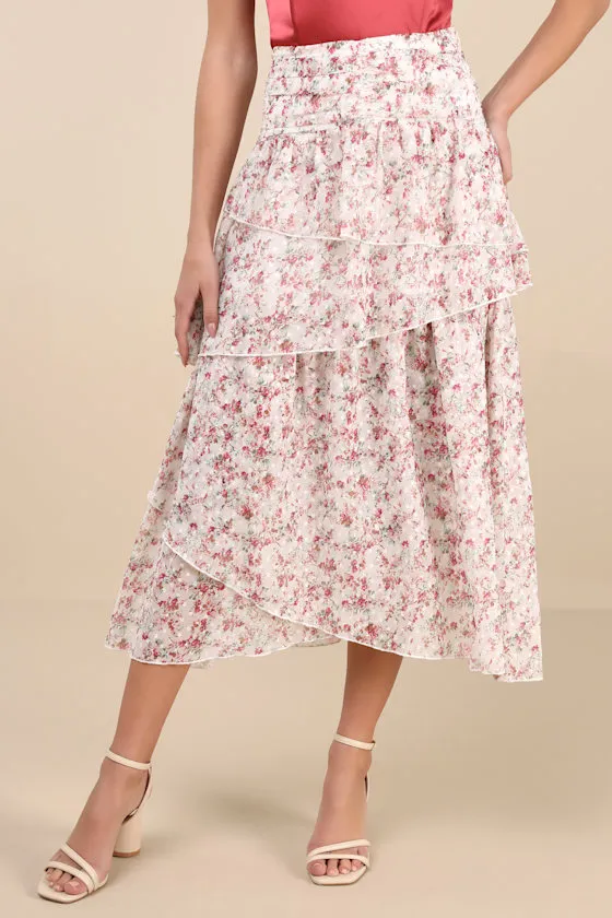 Rosen White Multi Floral Tiered Midi Skirt sold by Lulus product image thumbnail 2