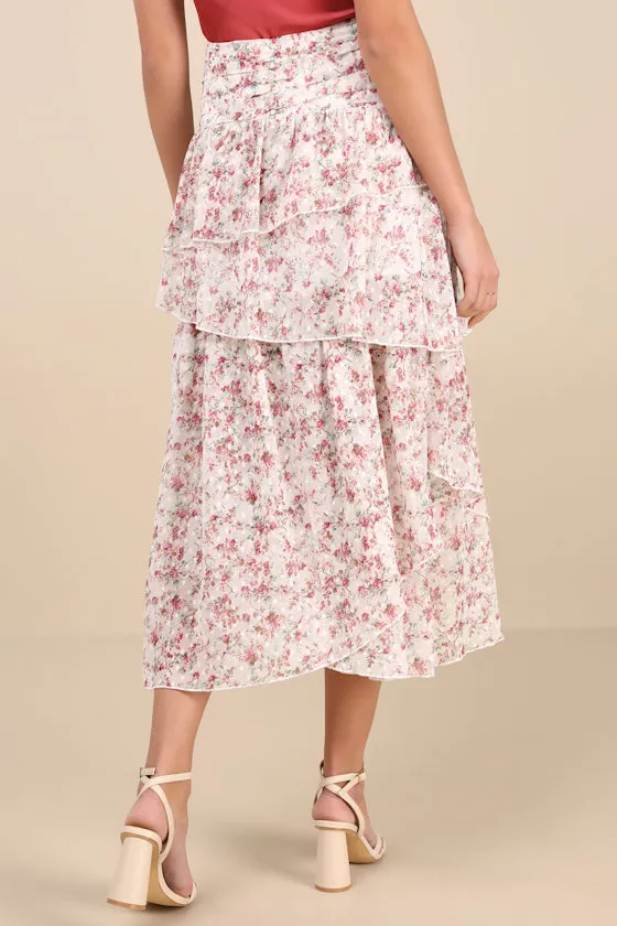 Rosen White Multi Floral Tiered Midi Skirt sold by Lulus product image thumbnail 3
