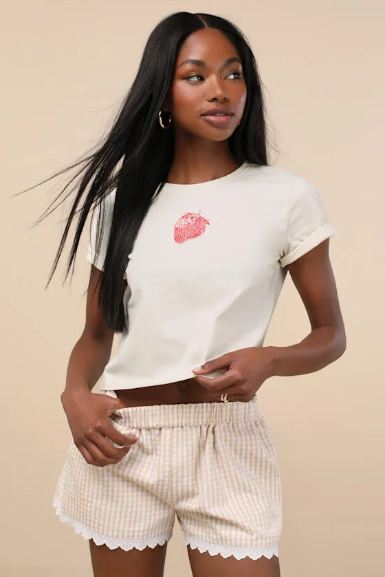 Marija Beige Gingham Scalloped Shorts sold by Lulus