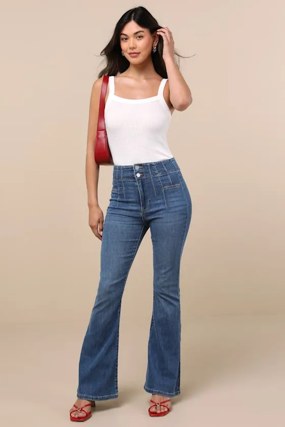 Archie Medium Wash High-Rise Flare Jeans sold by Lulus