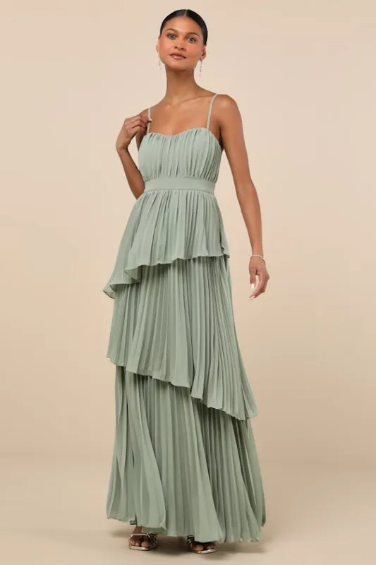Jehona Sage Brush Pleated Tiered Maxi Dress sold by Lulus
