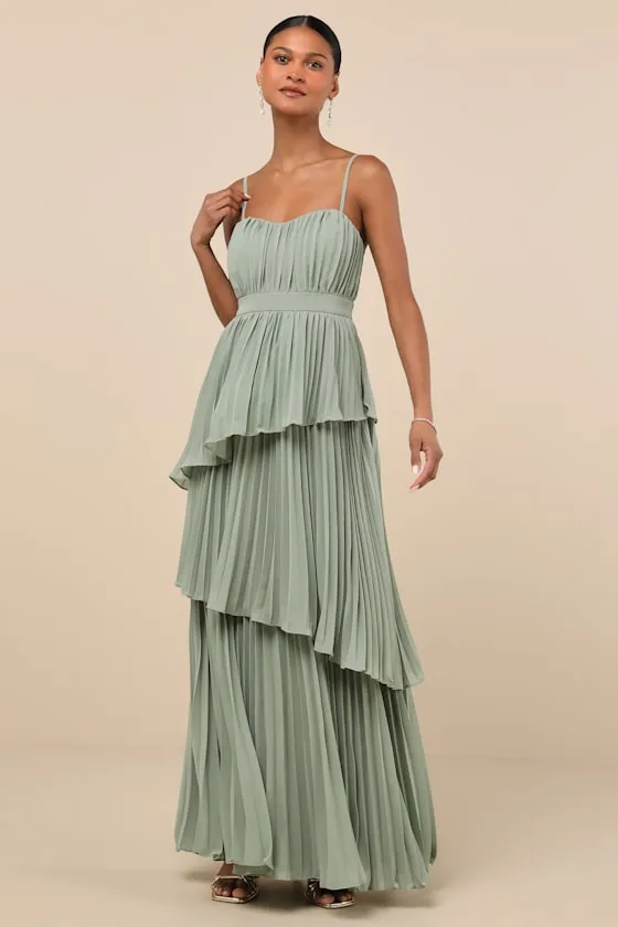 Jehona Sage Brush Pleated Tiered Maxi Dress sold by Lulus