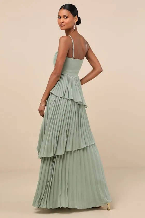 Jehona Sage Brush Pleated Tiered Maxi Dress sold by Lulus product image thumbnail 2