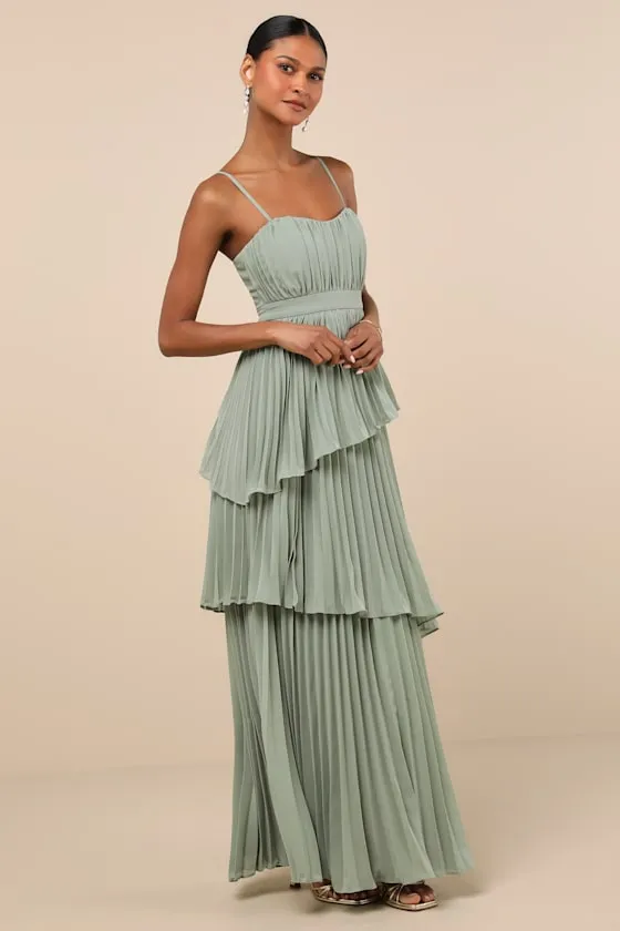 Jehona Sage Brush Pleated Tiered Maxi Dress sold by Lulus product image thumbnail 3