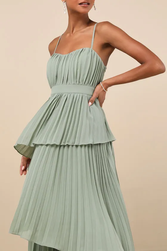 Jehona Sage Brush Pleated Tiered Maxi Dress sold by Lulus product image thumbnail 4
