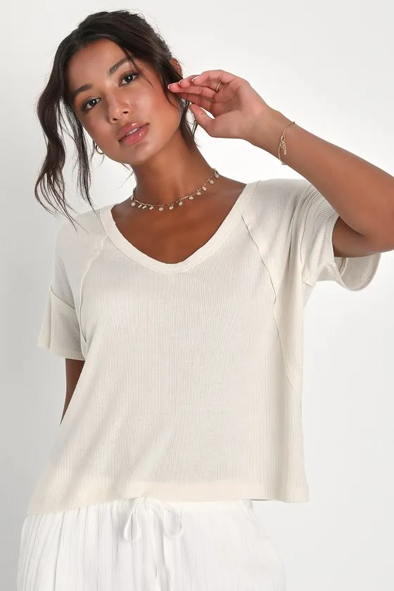 Daily Outing Cream Ribbed Short Sleeve Tee sold by Lulus product image thumbnail 3