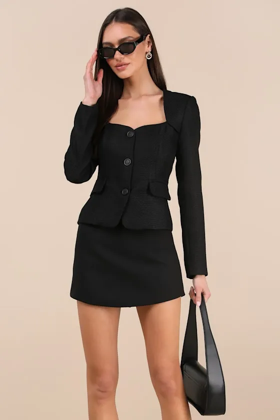 Hulda Black Textured Button-Front Long Sleeve Blazer sold by Lulus
